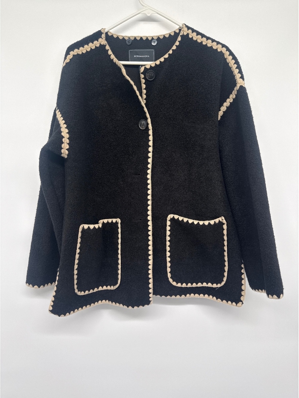 BCBGMAXAZRIA Black Wool Blend Button Front Cardigan with Beige Trim XS